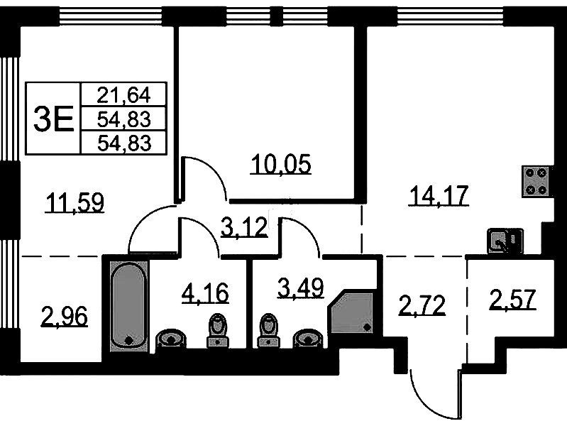 2-комнатная квартира 54.83 м², 1/15 эт., ЖК «Невская Долина»